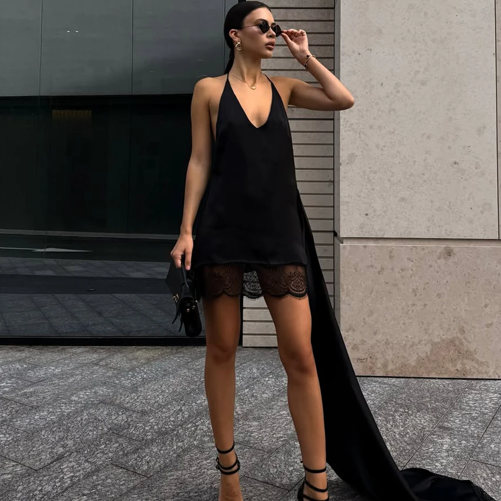 

Talenza White Lace Mini Dress Fashion Sleeveless Backless Ribbon Halter Neck Dress Elegant Luxury Women's Party Evening Dress