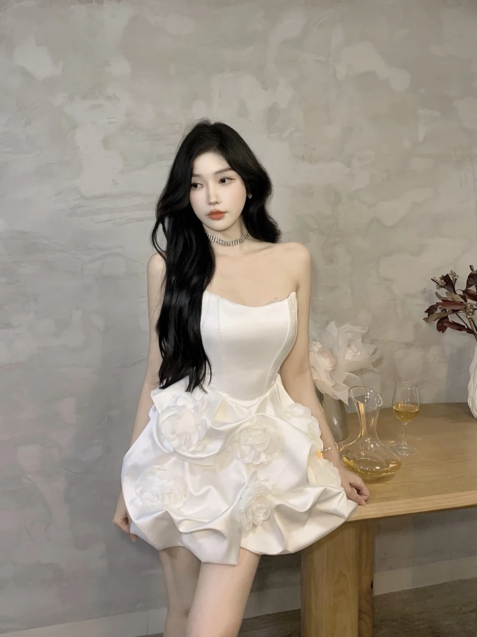 Ele – robe de soirée blanche à bretelles pour femmes, avec motif floral 3D, amincissante, Bustier Sexy, français, printemps, été, automne