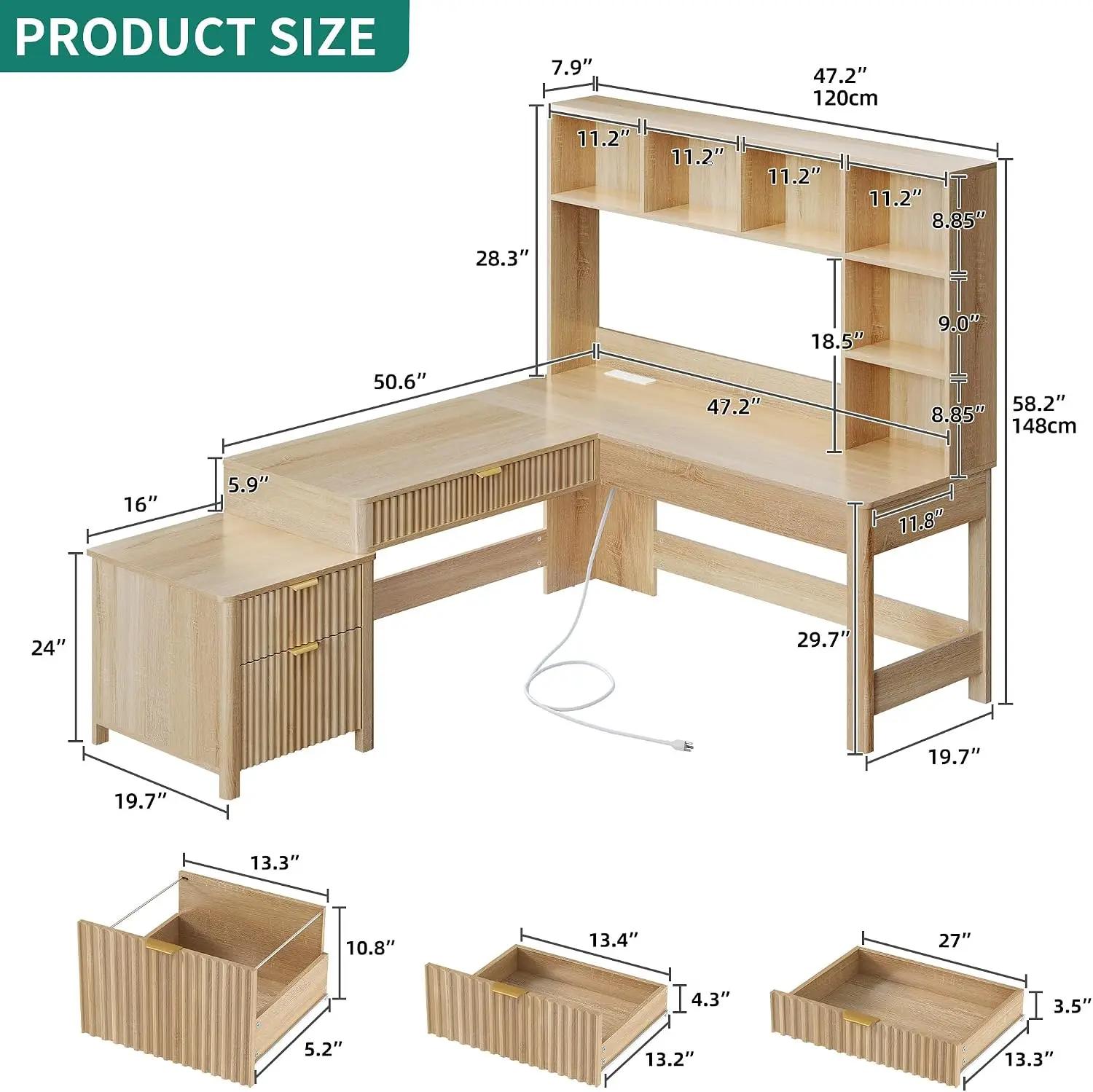 L Shaped Hutch Drawers Natural Oak 67 Inch Computer Gaming Power Outlets LED Lights Wood Home Office Desk Printer