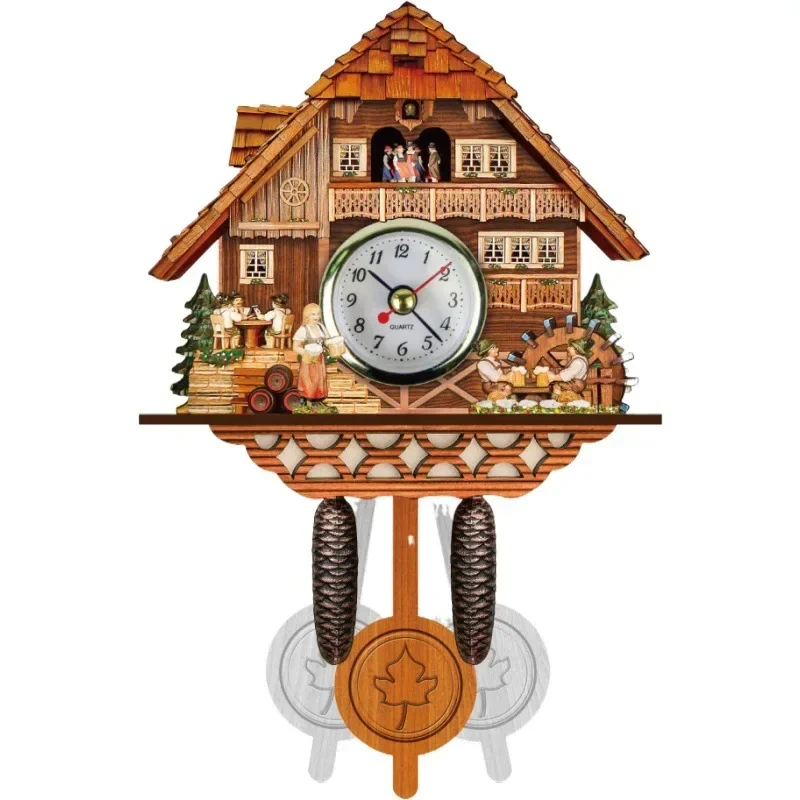 Creative Retro Cuckoo Wall Clock Cuckoo Wood Pendulum Swinging Bird Decorative Hanging Time Alarm Clock Living Room Home Decora