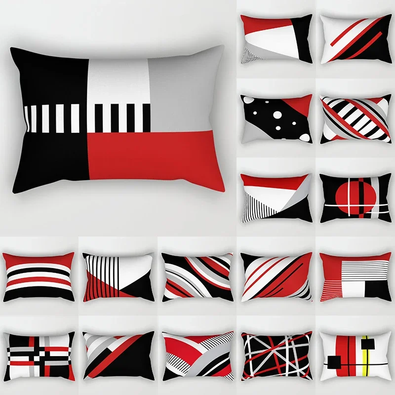 Funda de almohada de poliéster a rayas para decoración del hogar, cubierta de cojín con diseño geométrico de líneas artísticas, color negro y rojo,