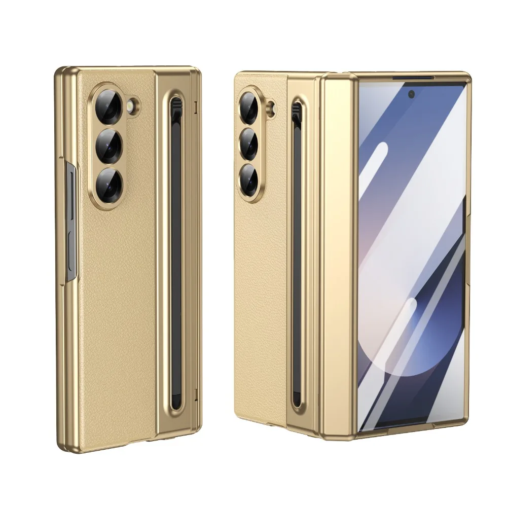 Leather Glass Film Pen Slot with Pen Phone Case for Samsung Galaxy Z Fold 6 5 4 3 Fold6 Fold5 Hinge Protection Shockproof Cover