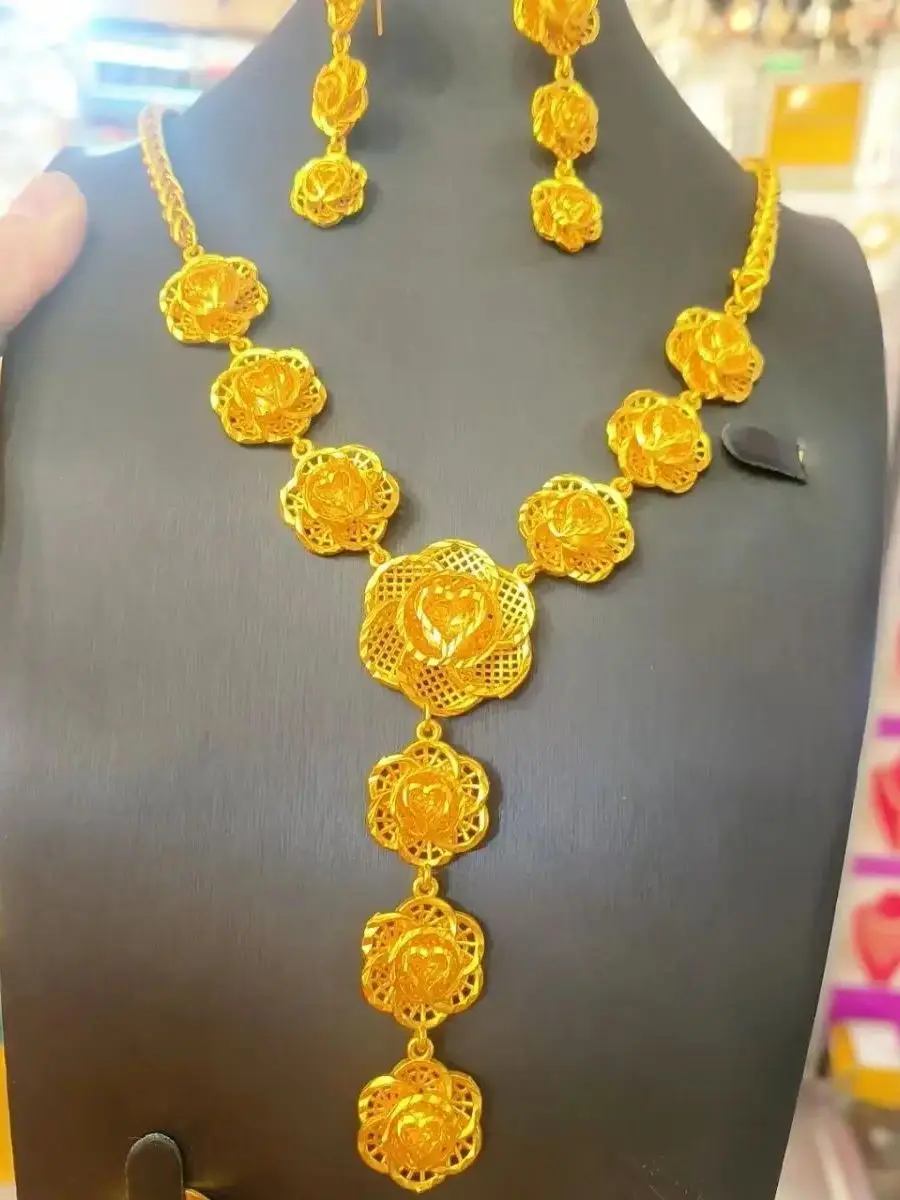 Popodion New Dubai Jewelry 24K Gold Plated Flower Necklace Ring Women\'s Earrings Fashion Jewelry Set Of Four YY10291
