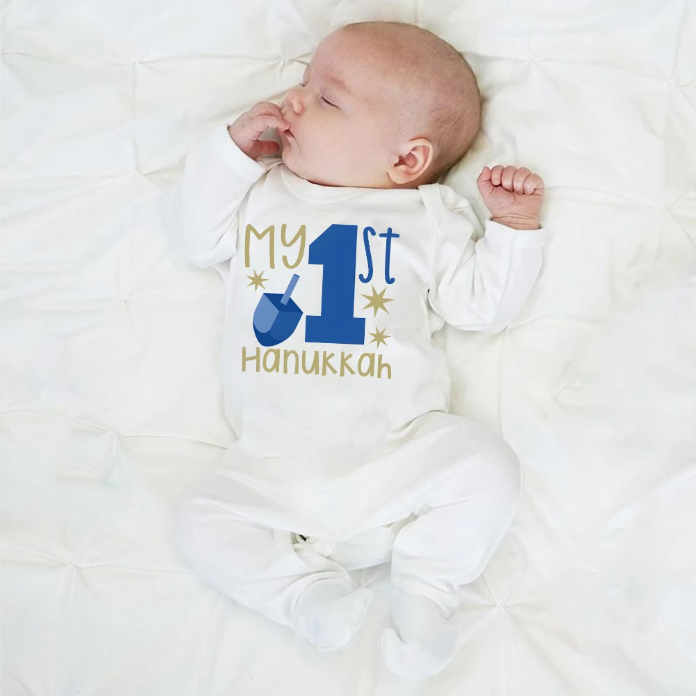 My First Hanukkah Baby Sleepsuit Jewish Holiday Baby Boy Girl Outfit Chanukah Dreidel Menorah Hannukah Newborn Romper