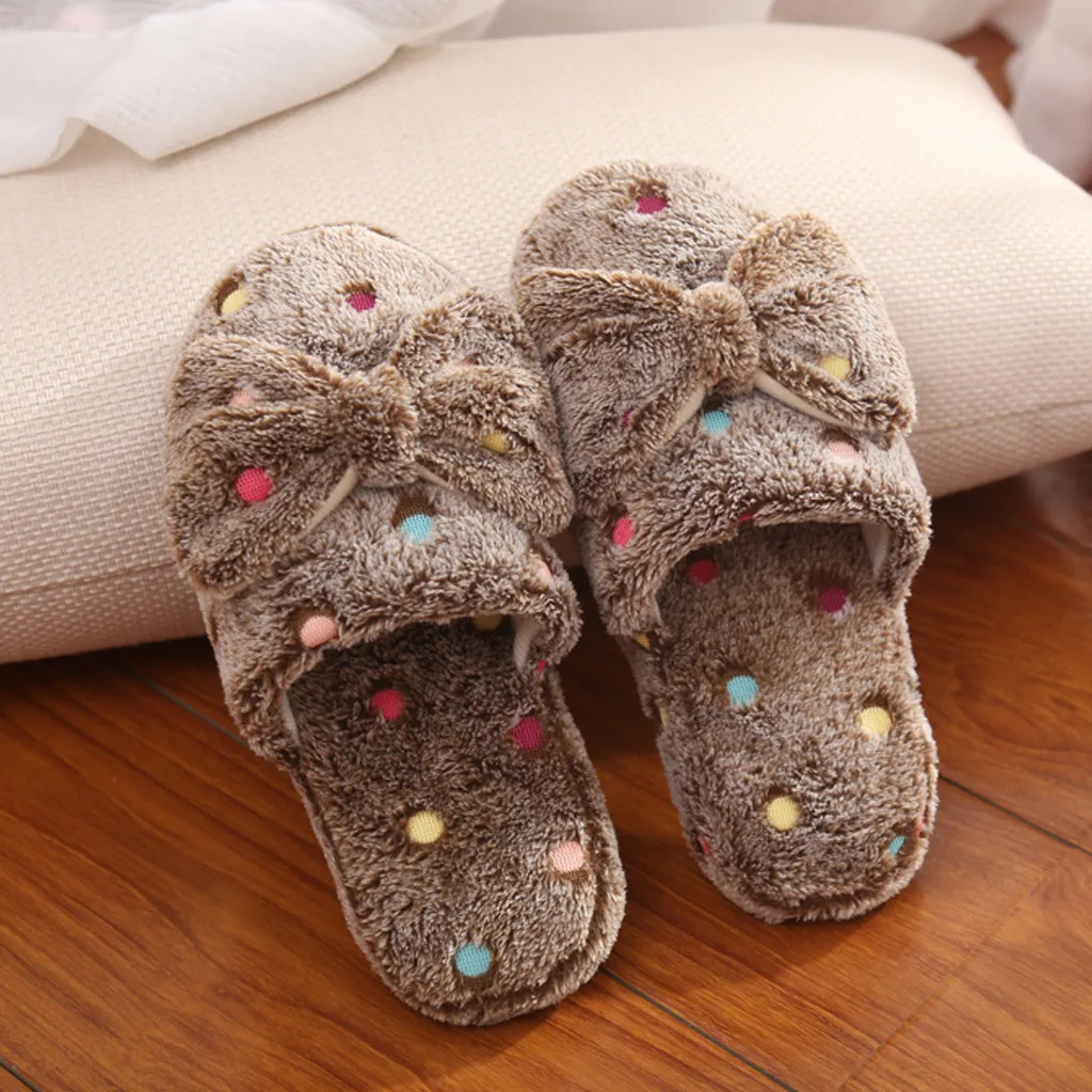 Women Winter Home Slippers Autumn Cute Bow Colorful Polka Dot Warmth Thick Plush Non-Slip Leisure Shoes Sweet Soft Bedroom Shoes