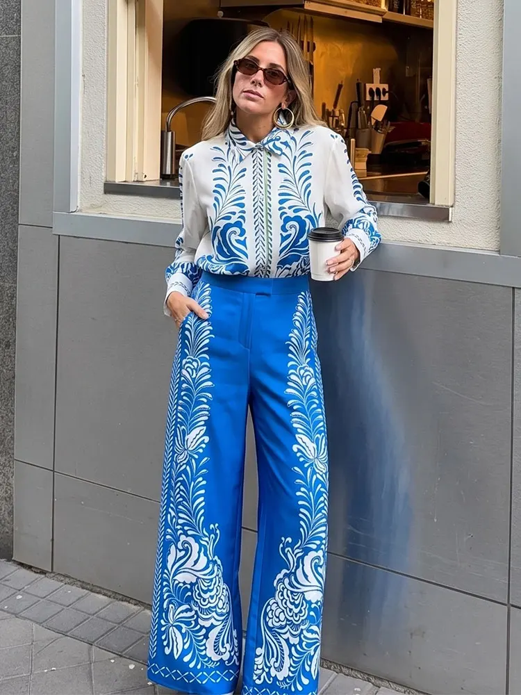 Ensemble 2 pièces pour femme, style plage, chemise à imprimé floral bleu, pantalon décontracté ample, pour le bureau, les vacances, les soirées