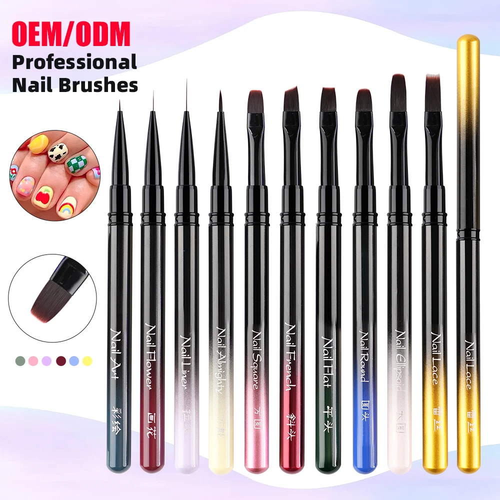 Profissional 10 pçs conjunto de escova da arte do prego design exclusivo forro plana gradiente metal lidar com para acrílico uv gel ferramentas do prego