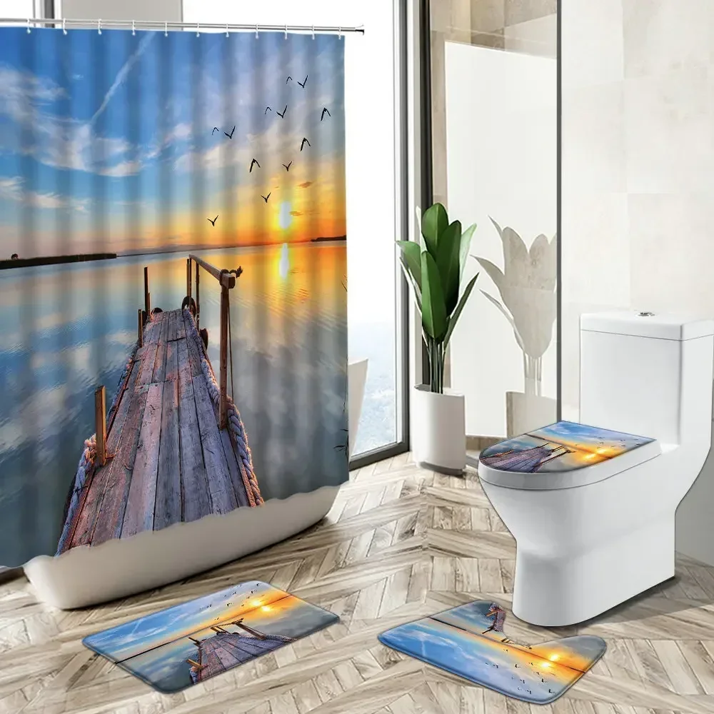 Ocean Natural Landscape Shower Curtain Wooden Pier Seagull Evening Sunset Summer Scenery Non-Slip Pedestal Rug Toilet Cover Set