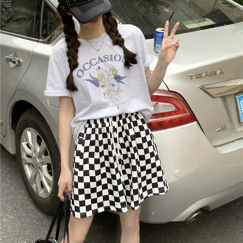 Plaid Shorts Women Korean Style Casual Daily High Waist A-line Versatile Fashion Thin Drawstring Straight Leg Short Pants Female