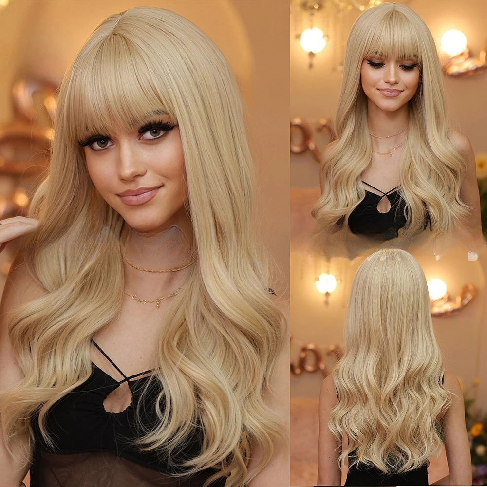 

Gold Qi bangs long curly hair Korean version fashion big wave white gold wig headgear