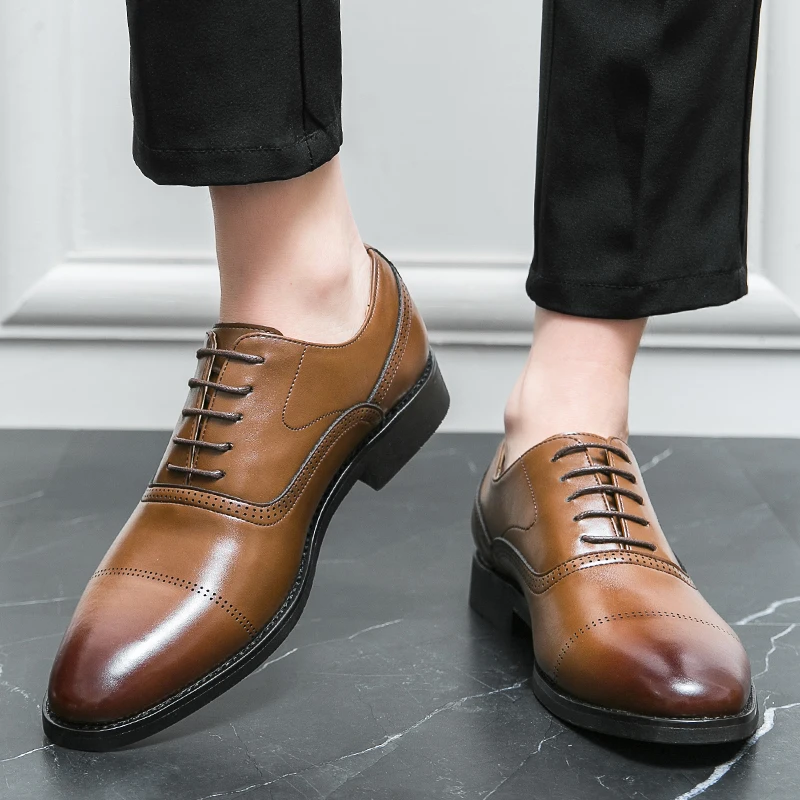 Summer Business Formal Men Shoes with Lace Up Perforated Round Toe Breathable British Style Casual and Fashionable Shoes