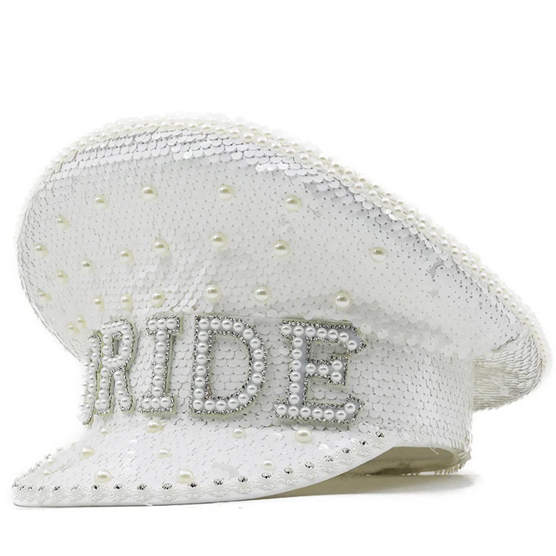 

New White Sequins Wedding Women Photography Flat Top Performance Hip-hop Hat