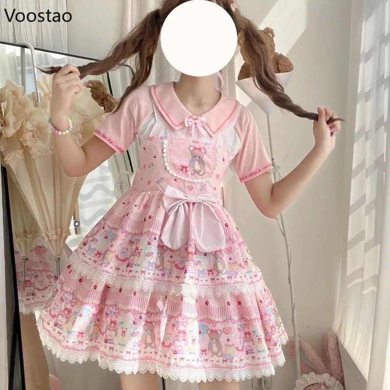 

Японское платье Kawaii Lolita Jsk, женское милое платье с мультяшным медведем и бантом, мини-платье на бретелях для девочек, милые платья на подтяжках для чаепития Y2k