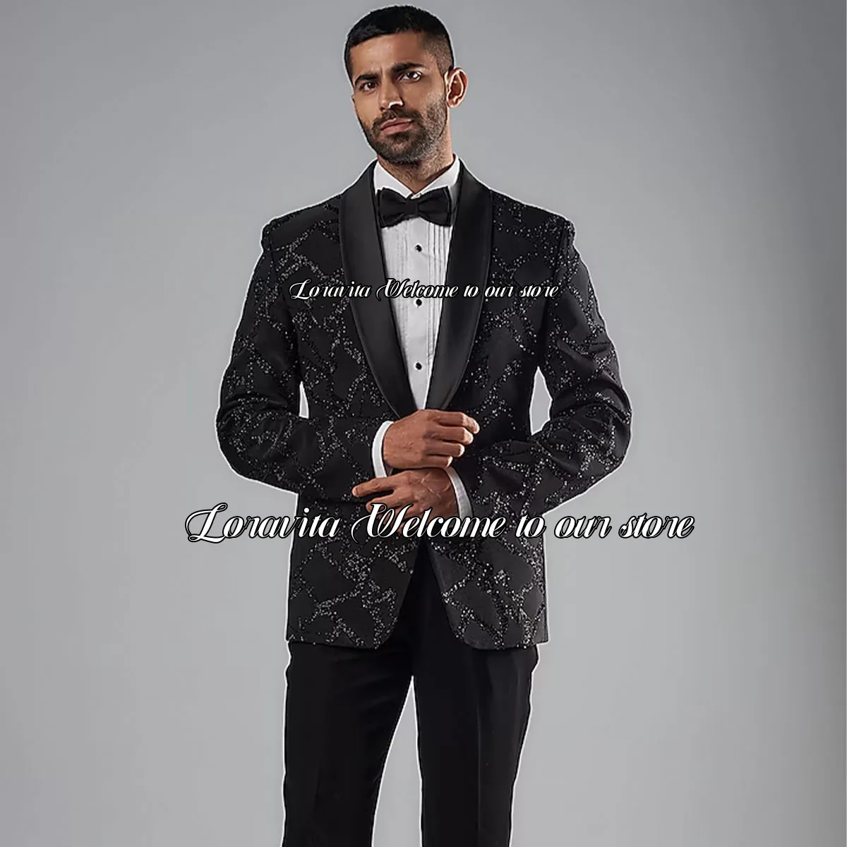 Luxury shiny jacquard Black Men Suits Formal Shawl Lapel Groom Wedding Tuxedos 2 Pieces Sets Party Prom Blazers vestido de novia