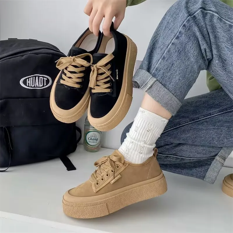 2023 Soft Suede Leather Casual Shoes Women Sneakers Clogs Platform All-Match Autumn New Round Toe Cross-tied   Frosted Flats