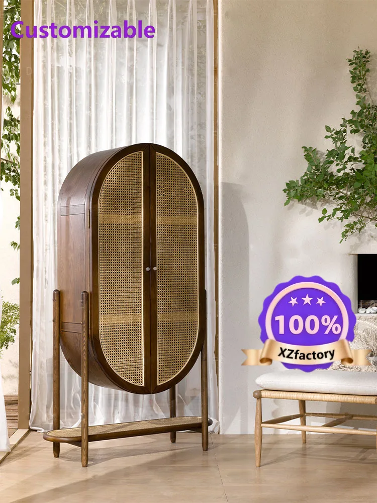 Factory Direct 2026 Top RatedSolid wood wine cabinet B & B display rattan circular arch vertical cabinet decoration designer