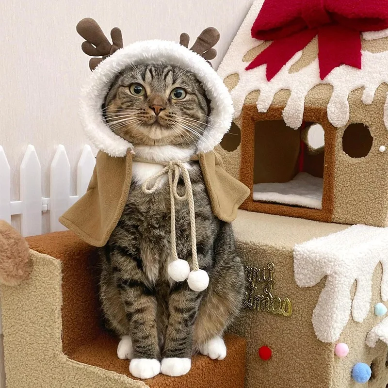 Funny Pet Cat Dog Christmas Costume Santa Cosplay cute Winter Warm Clothes Antlers Cloaks Shawls Photography Props Pet Supplies