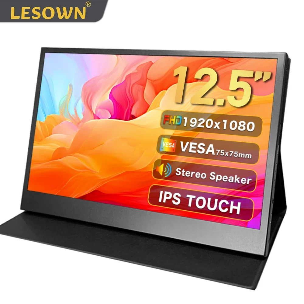 LESOWN USB C HDMI 12.5 inch Portable Monitor 1920x1080 FHD IPS Touch Screen Secondary External Display Built-in Speaker for PC