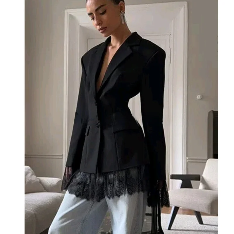 Costume d'affaires pour femmes Jaet hiver nouveau Sle Long Sve coupe ajustée dentelle épissage taille cintrée trajet Sle bouton unique