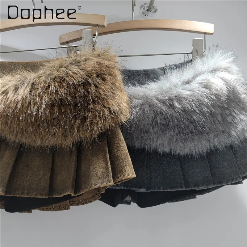 

Коричневая пушистая лоскутная кожаная бархатная мини-плиссированная ультра короткая юбка из искусственного меха в стиле Hot Girl, трендовые юбки для женщин, новинка 2023 года