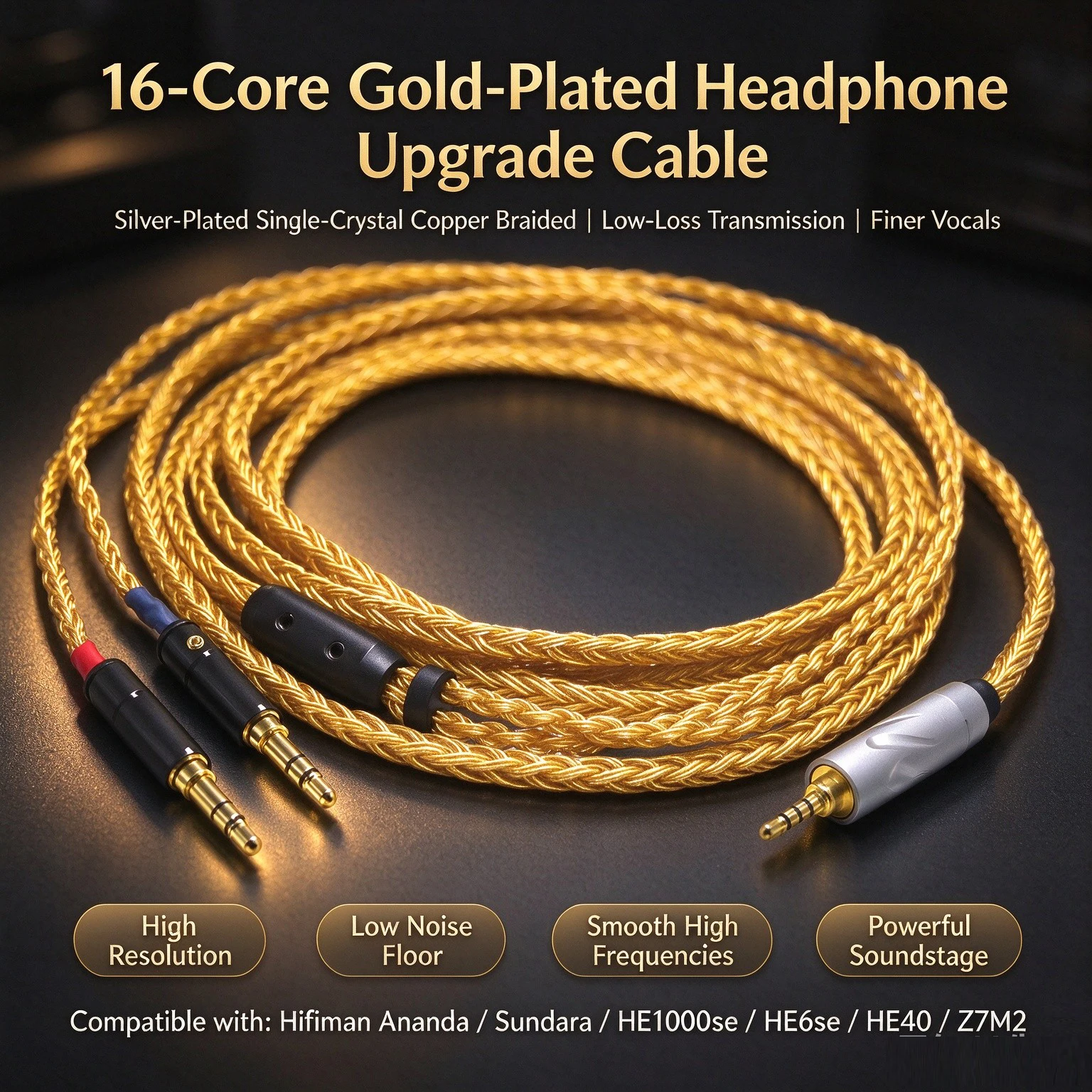 16 Core OCC 24k Gold Plated Earphone Cable For 3.5 Hifiman Ananda sundara HE1000se HE6se he400 Z7M2 Headphone
