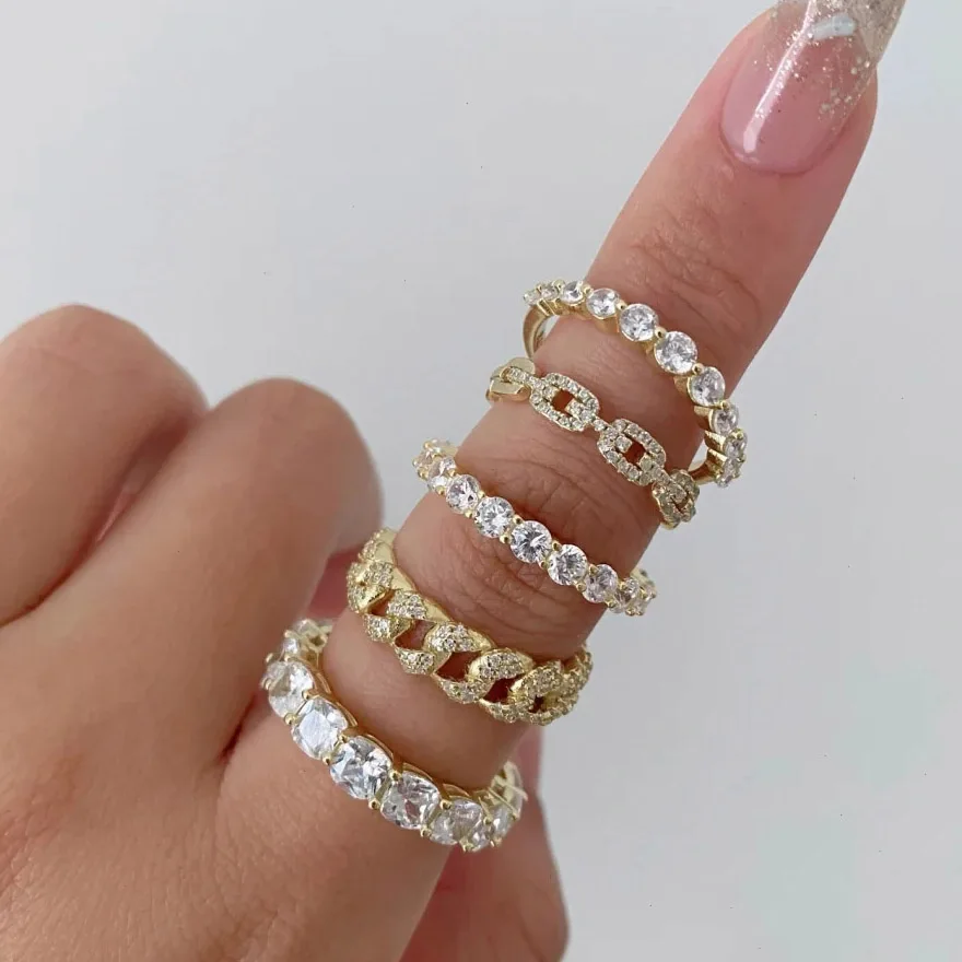 Chic Cuban Link Chain Rings for Women Shiny Ice Out Zirconia Tennis Ring Micro Pave Crystal Fashion Accessories Hip Hop Jewelry