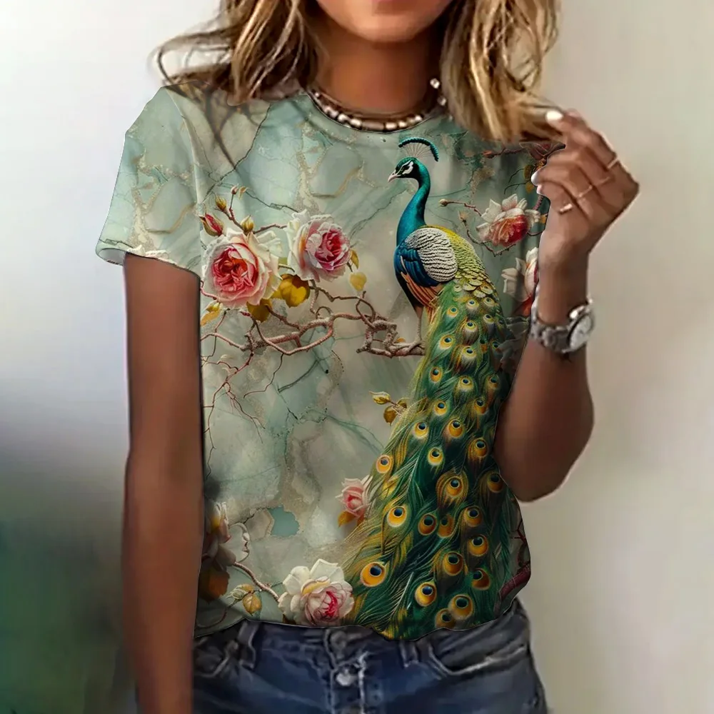 2024 New Ladies Casual T-Shirt Top Fashion Peacock Graphic Print Short Sleeve T Shirts Women's Clothing Vintage Basic O-neck Tee