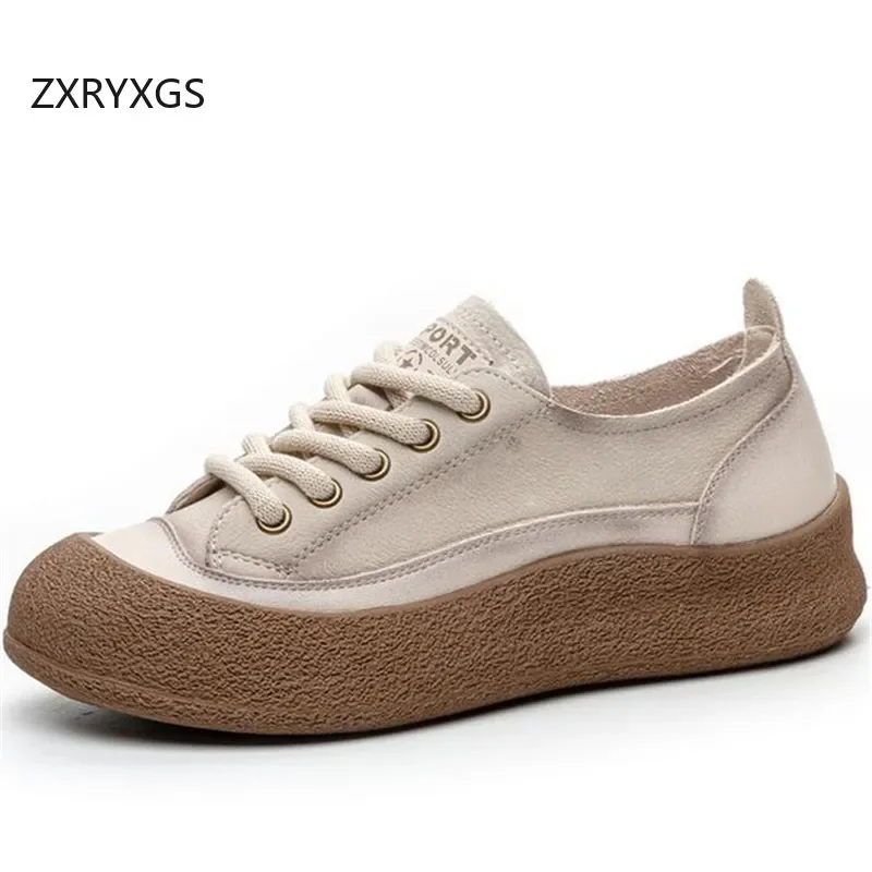 ZXRYXGS Top Layer Cowhide Single Shoes Women Sneakers 2024 New Lace Up Real Leather Sneakers Platform Increase Trend Shoes