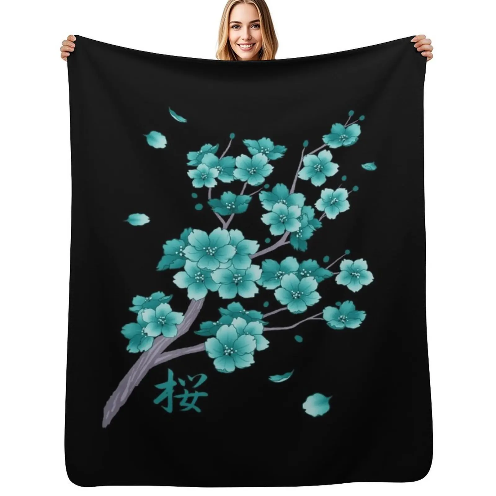 Falling teal blue Sakura Cherry Blossom on black Throw Blanket warm for winter Thin Personalized Gift Hairy Kid'S Quilt Blankets