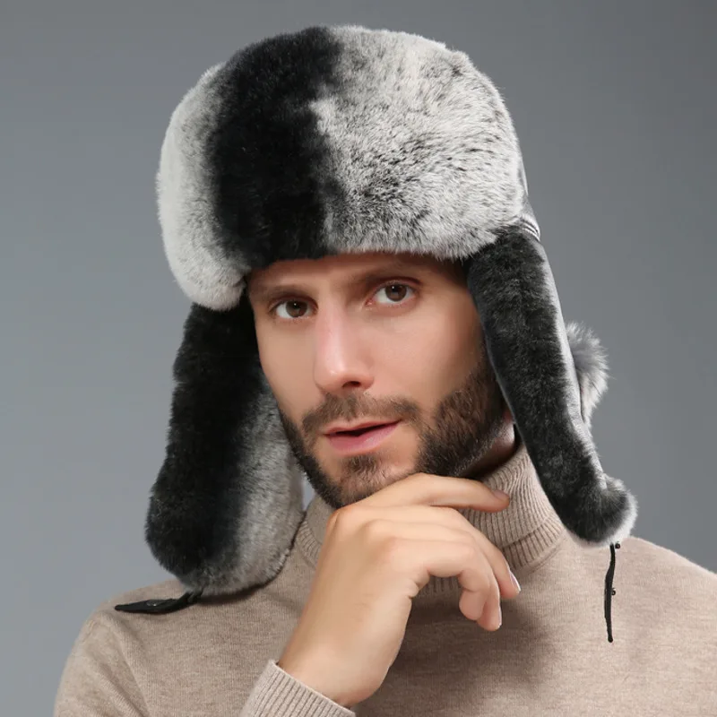 Rex Rabbit Fur Lei Feng Hat For Men Winter Genuine Sheepskin Rabbit Fur Caps Russians Thick Warm Ear Protection Hats Bomber Caps