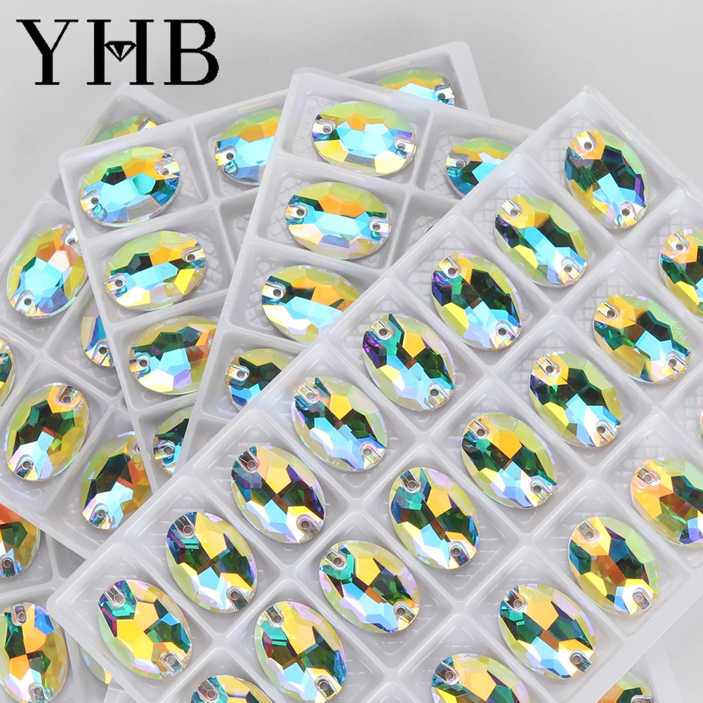 YHB Top Quality Oval Ellipse Glass Crystal AB Moonlight Sewing Stones Flatback Sew on Rhinestones For Garment Clothes Bags