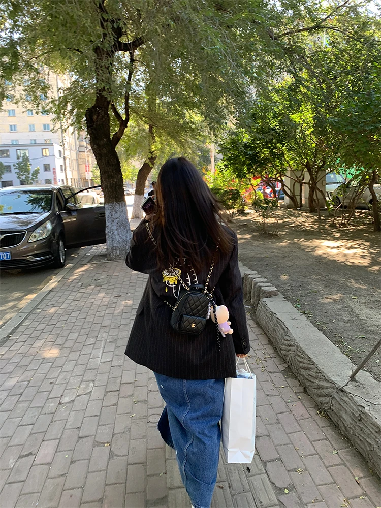 

Autumnal Striped Women's Suit Set Two-Piece Ensemble Faionable Button-Up Polyester Blend Long Sve Workwear Outfit