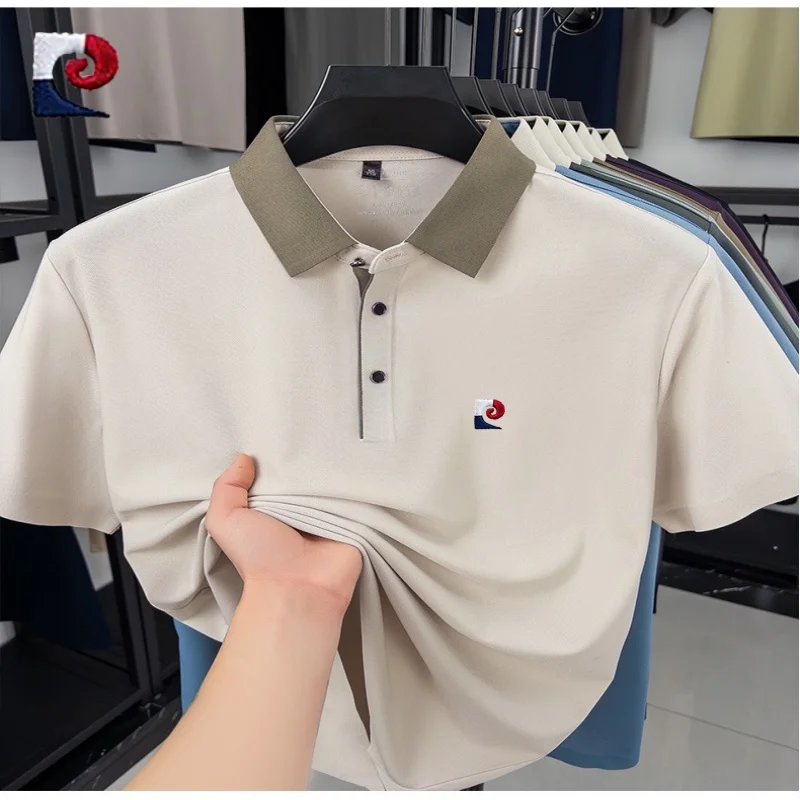 

New Summer High Quality Ice Silk Waffle Polo Shirt Men's Korean Edition Fashion Casual Silk Breathable T-shirt Top