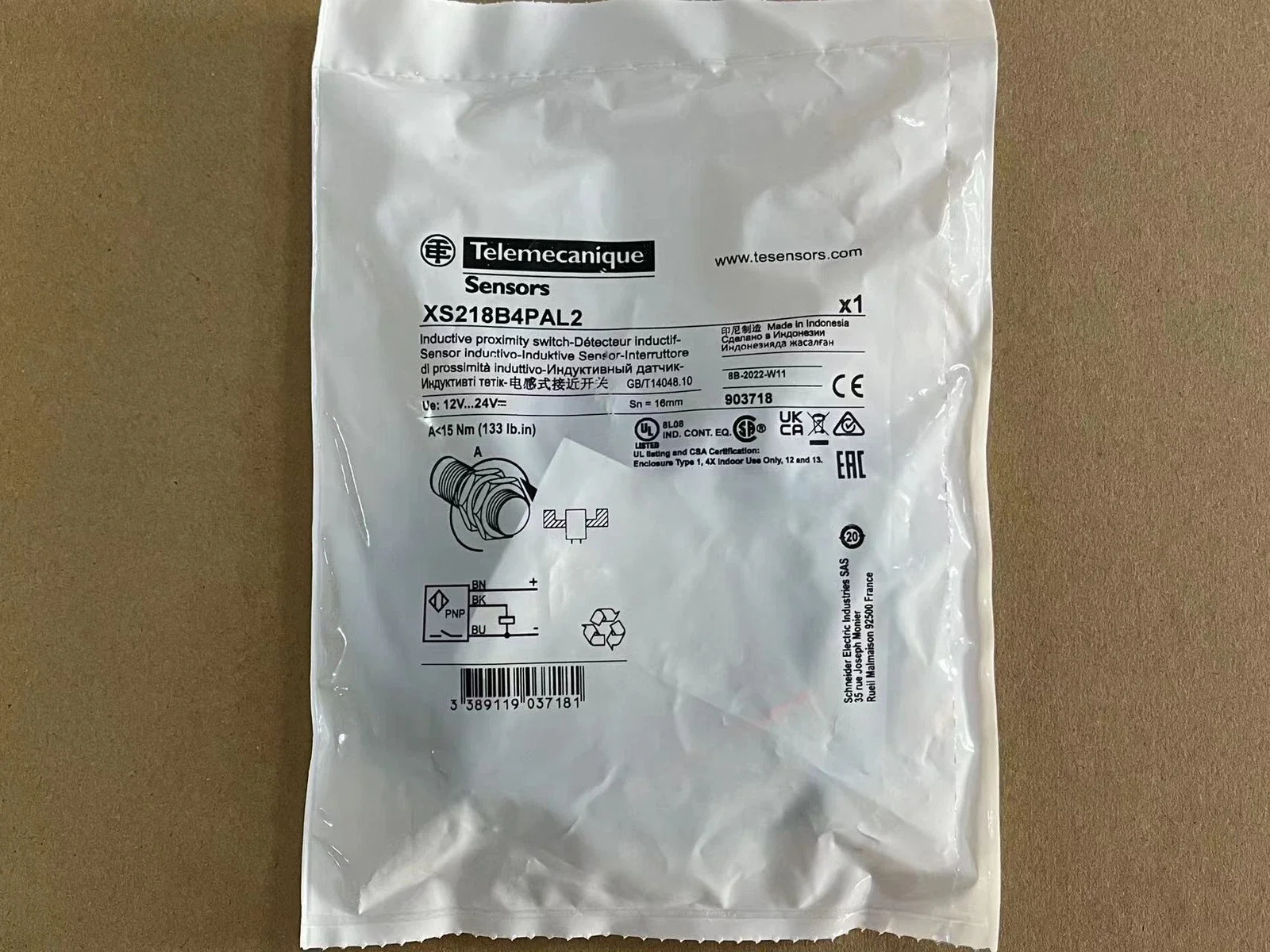 

XS218B4PAL2 inductive sensor XS2 M18, L41mm, brass, Sn16mm, 12...24 VDC, cable 2 m