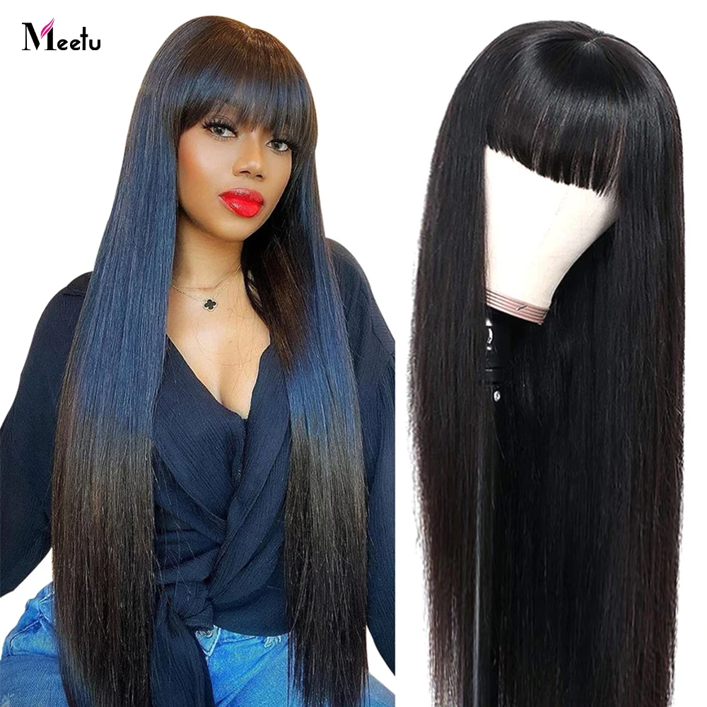 Meetu 28 30 Inch Long Thick Bone Straight Human Hair Wig With Bangs 150 Density Glueless Machine Made Human Hair Wigs For Women