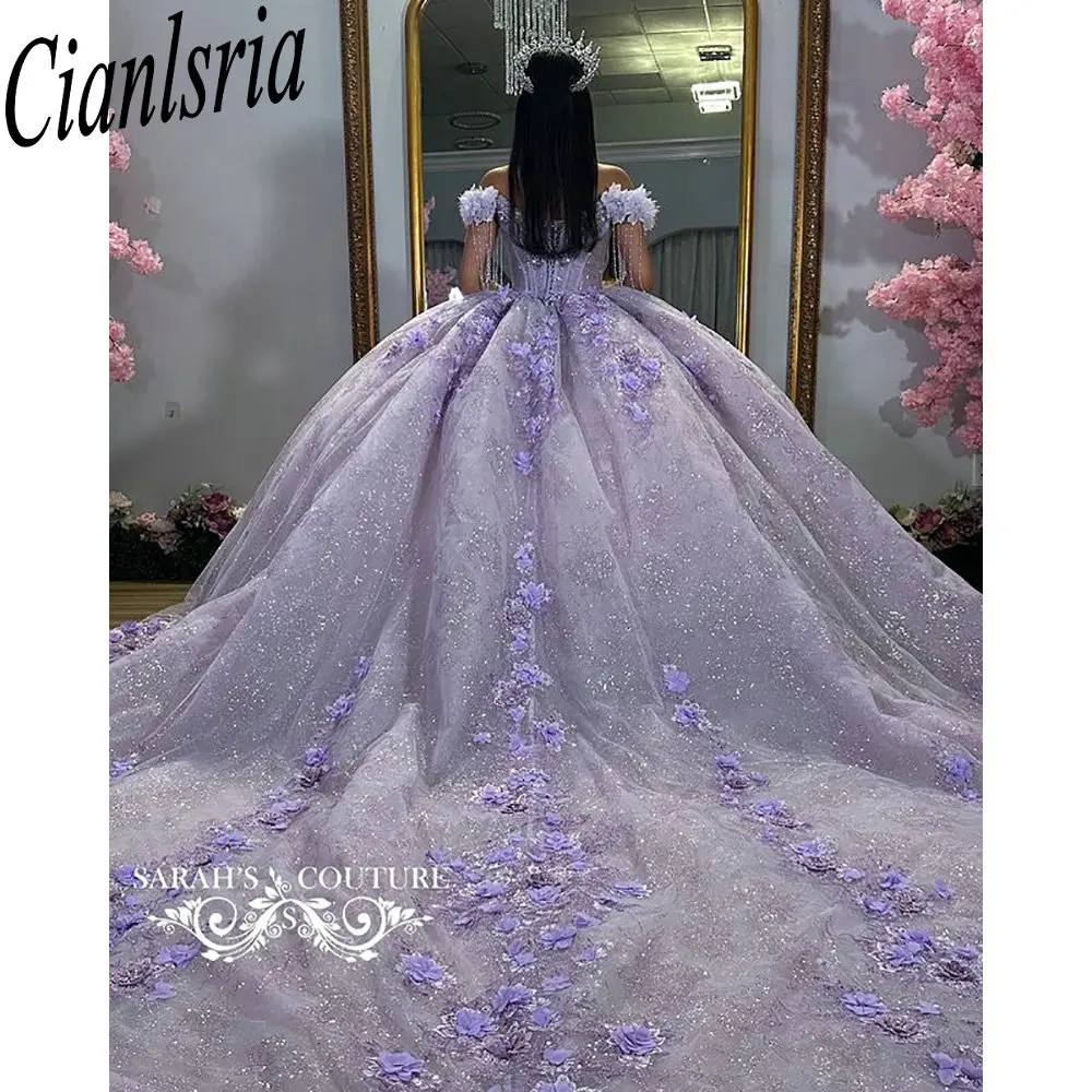 Lilac Crystal Beading Tassel Quinceanera Dresses Ball Gown 3D Flowers Appliques Lace Customized Corset Vestidos De XV Anos