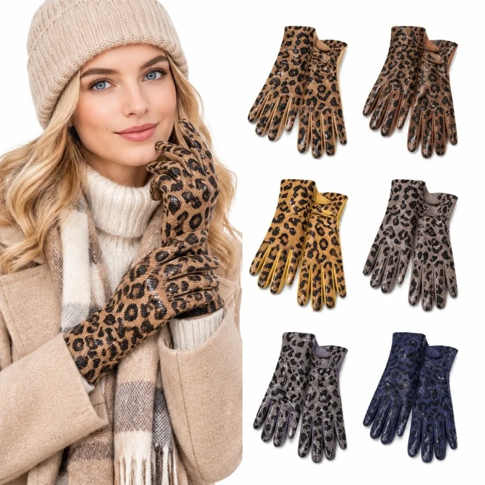 Windproof Touchscreen Gloves Elastic Cuff Ladies Design Faux Suede Gloves Thermal Lining Leopard Pattern Leopard Print Gloves