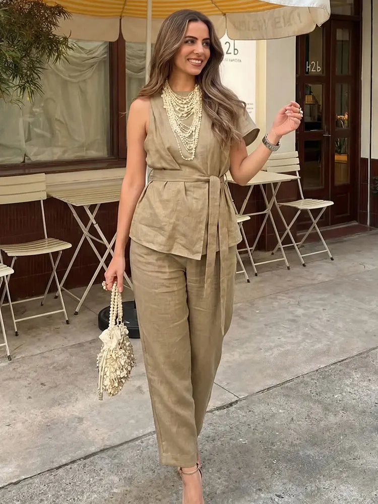 

Женский льняной комплект из 2 предметов: топ без рукавов с поясом и брюки с высокой талией, повседневный наряд для офиса и на каждый день