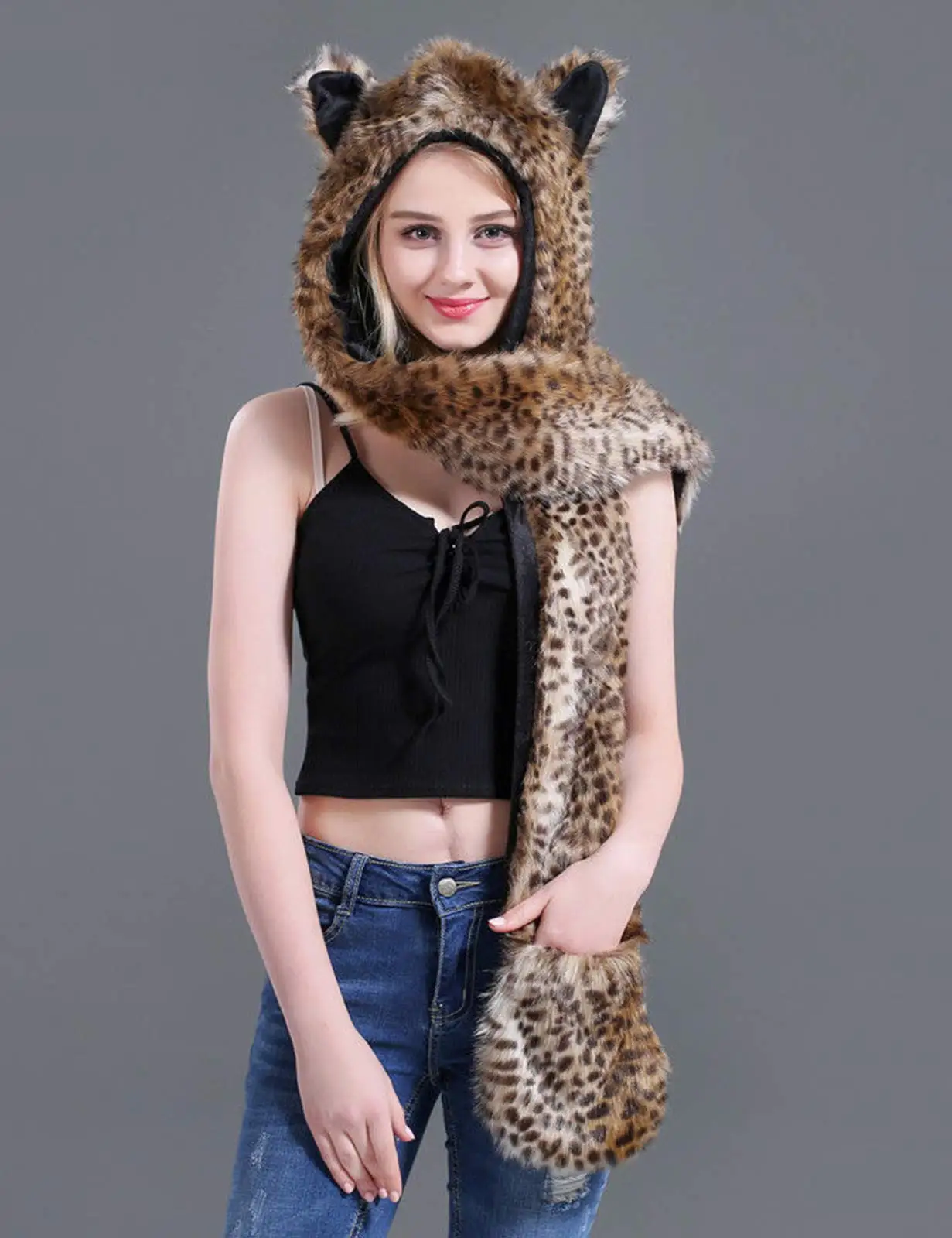 African Leopard ,Winter Novelty Faux Fur Hoods Animal Hat Scarf Gloves 3 in1 Fleece Hooded Plush Warm Earmuff Warcraft Cap