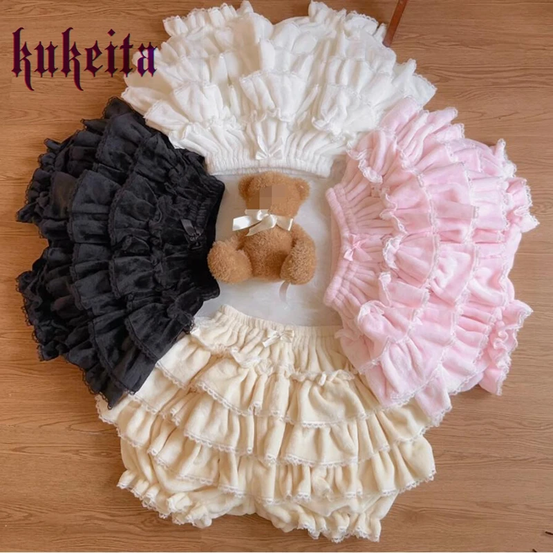 Kukeita Harajuku Kawaii Lolita Pleated Shorts Skirts Women Fairy Y2k Aesthetic Pink Cute Plush Bloomers Faldas Mujer Moda