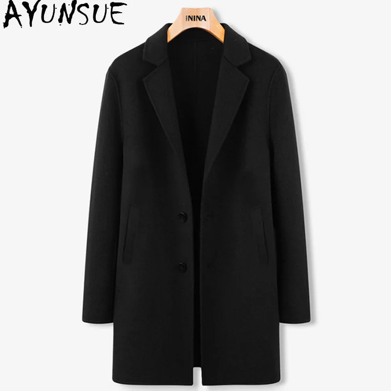 

AYUNSUE 100% шерстяная куртка, мужская зимняя одежда, модный плащ 2025 года для мужчин, двустороннее шерстяное пальто, длинный стиль Пальто Зимнее