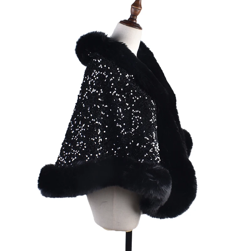 Sequin plush shawl for women\'s gatherings, warm scarf, versatile fur collar jacket, plush thickening, versatile fur cape shawl