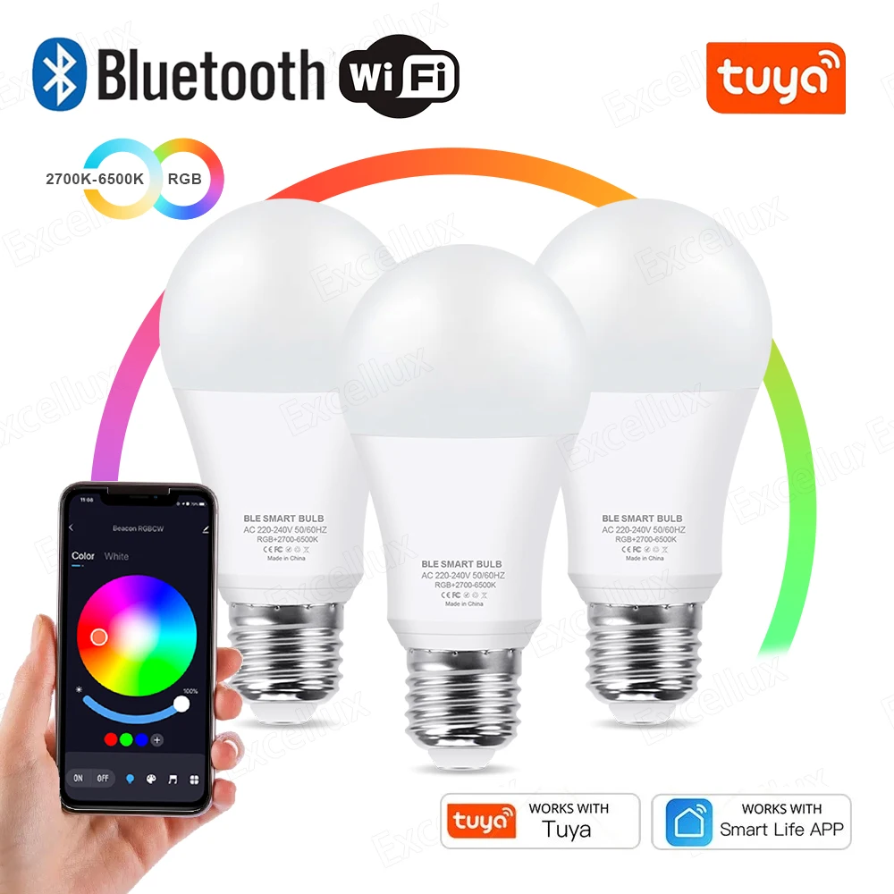 

Умная Светодиодная лампа E27, приглушаемая лампа RGB с Wi-Fi или Bluetooth, 15 Вт, для дома, спальни, рождественской вечеринки, 220 В переменного тока