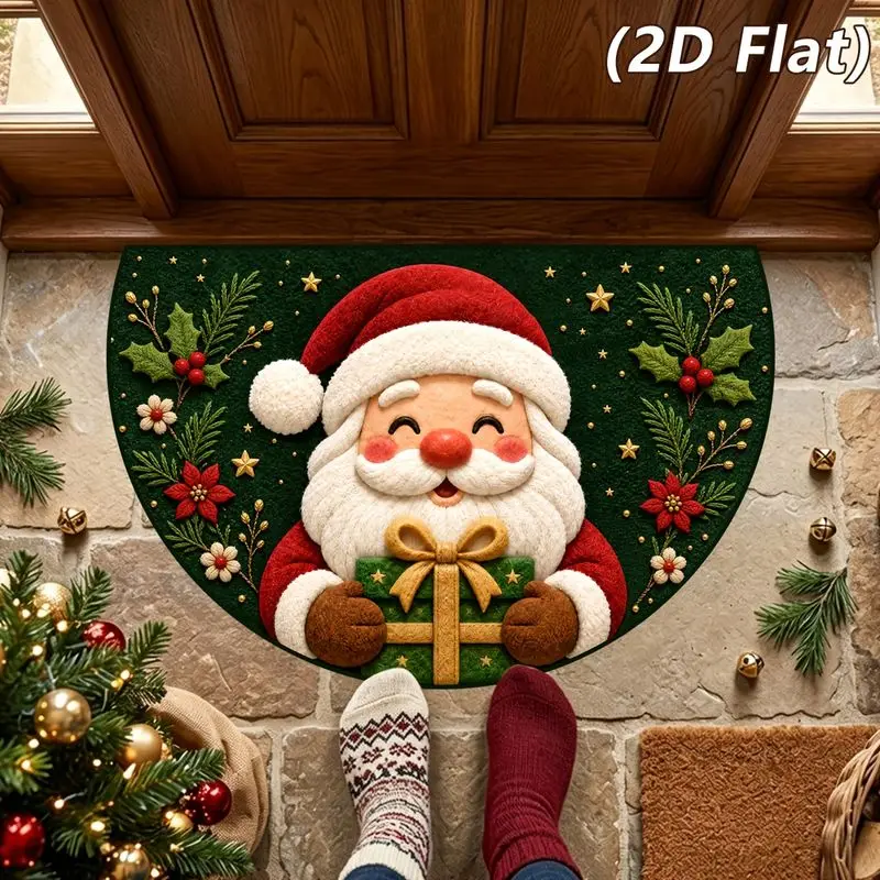 VIKAMA 2D Flat Christmas Santa Claus Rug Semi Circle, Santa Gift Box Doormat Front Door Entryway, Soft Non Slip, Merry Xmas