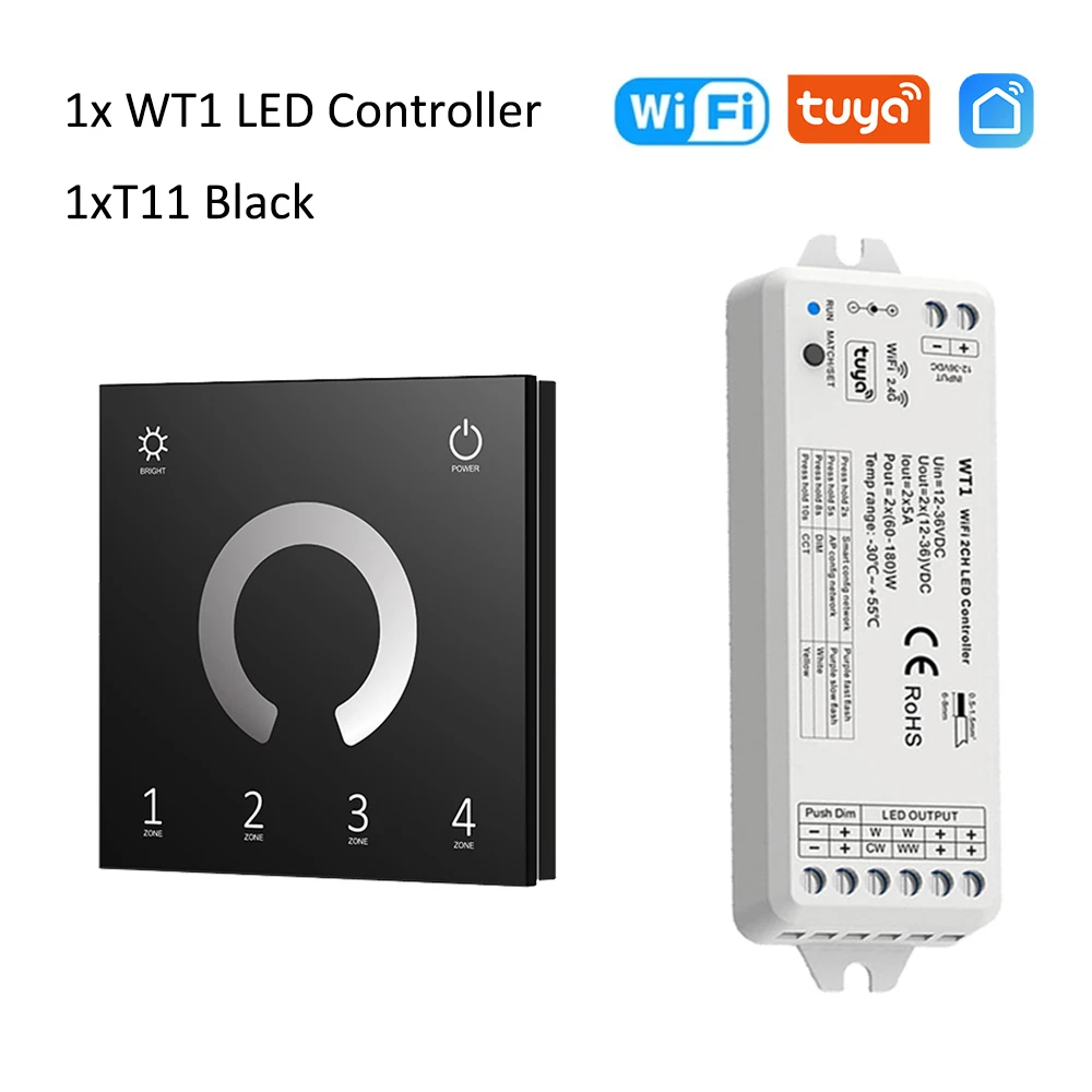 2in1 WiFi Smart Led Controller 12V 24V Dimmer CCT Strip Wall Mounted Touch Control Tuya SmartLife APP Alexa Google Voice Control