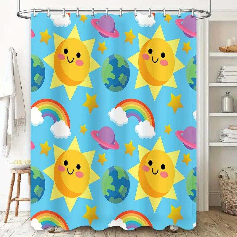 Solar System Shower Curtain with Happy Sun and Planets Blue Bath Decor