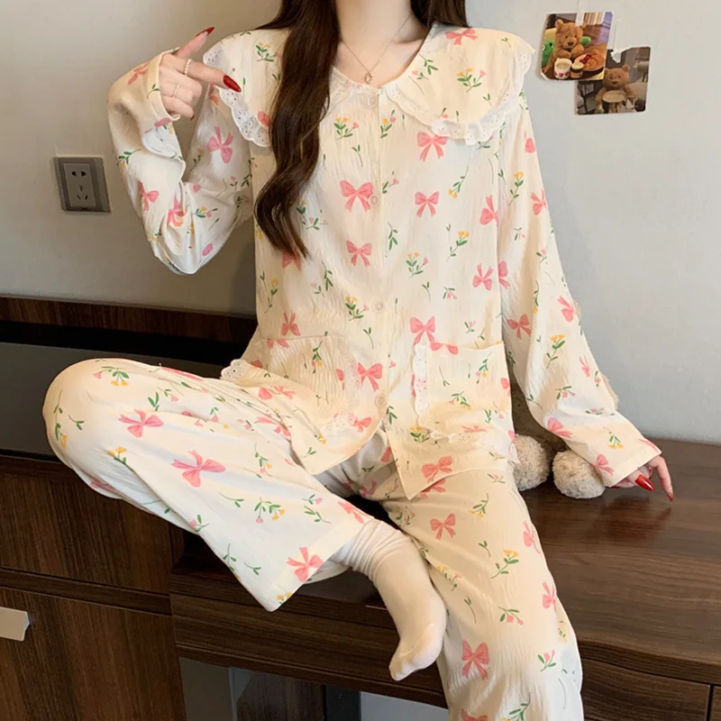 

Новинка: Пижама Cloud Cotton для девочек, весенний легкий комплект с длинным рукавом (топ и брюки), домашняя одежда с воротником-принцессой и бантом