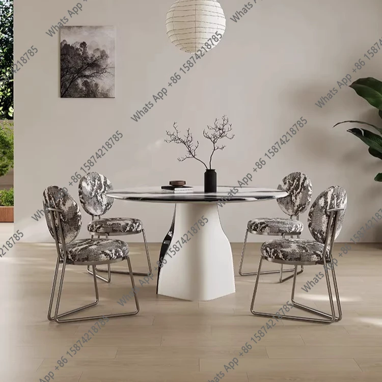 

Обеденный стол из искусственной кожи седла из натурального мрамора, круглый с поворотным столом, персонализированный художественный стол из каменной плиты