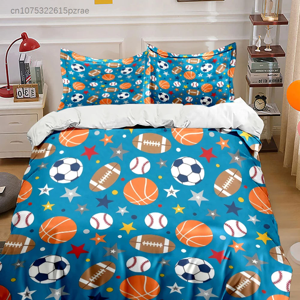 Blue Background Multi-Sport Balls Pattern 3PCS Bedding Set Soft Microfiber Bedding Set For Kids Sports Room Decor