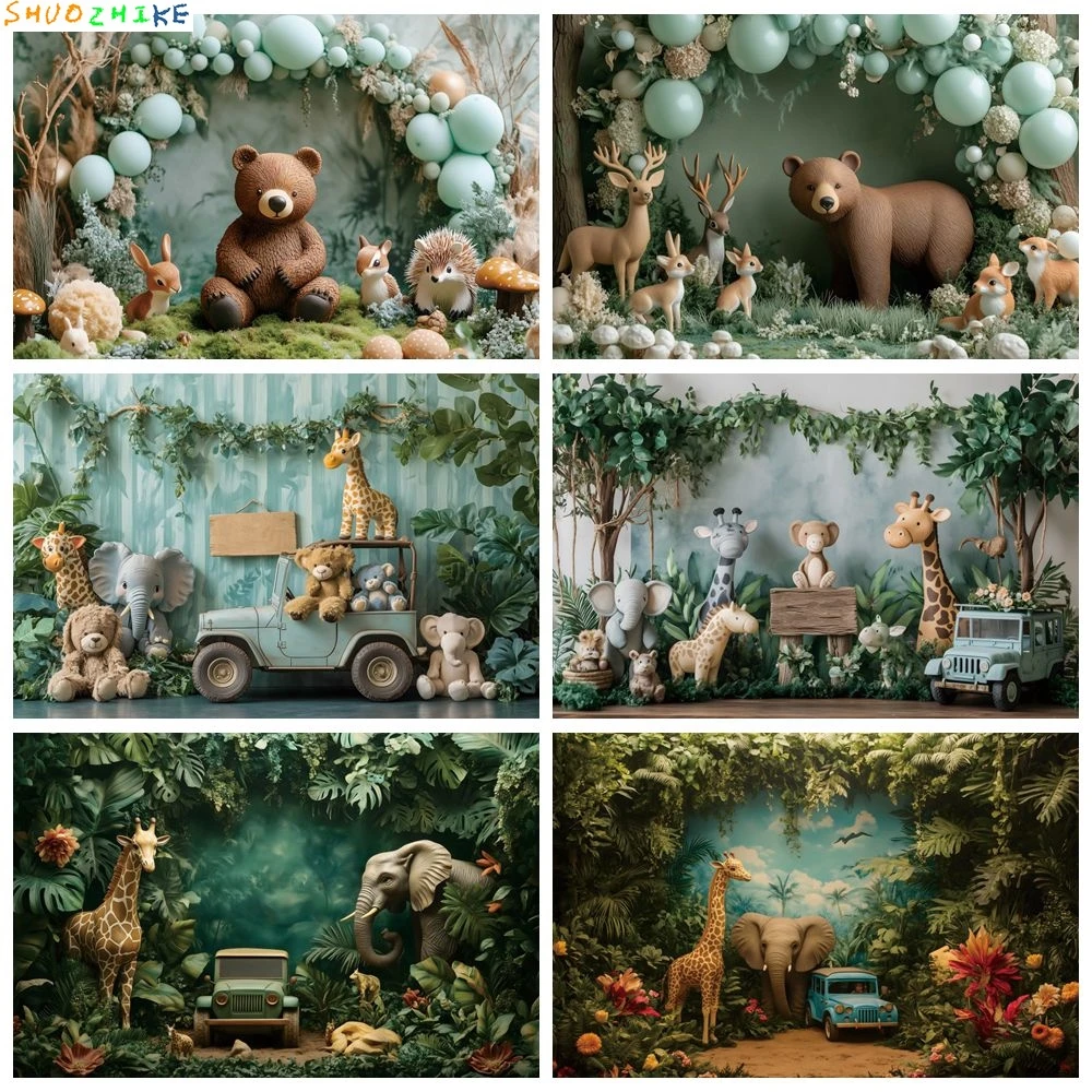 

Safari Jungle Animals Birthday Party Backdrop Forest Balloons Newborn Baby Shower Decor Kids Portrait Photography Background